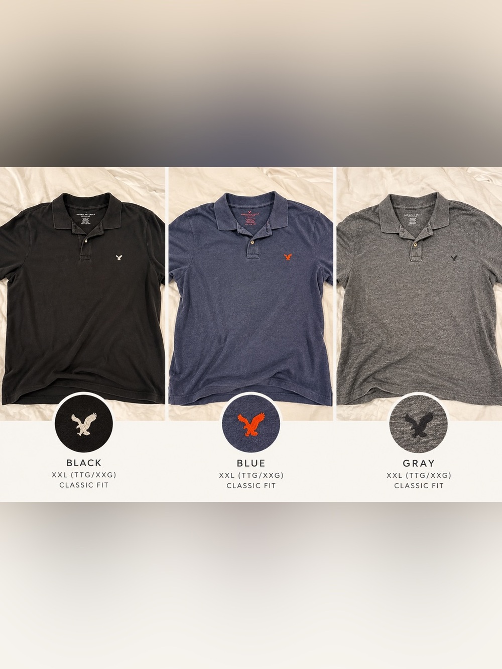 American Eagle Outfitters Black, Blue & Gray Polo Trio - Classic Fit XXL